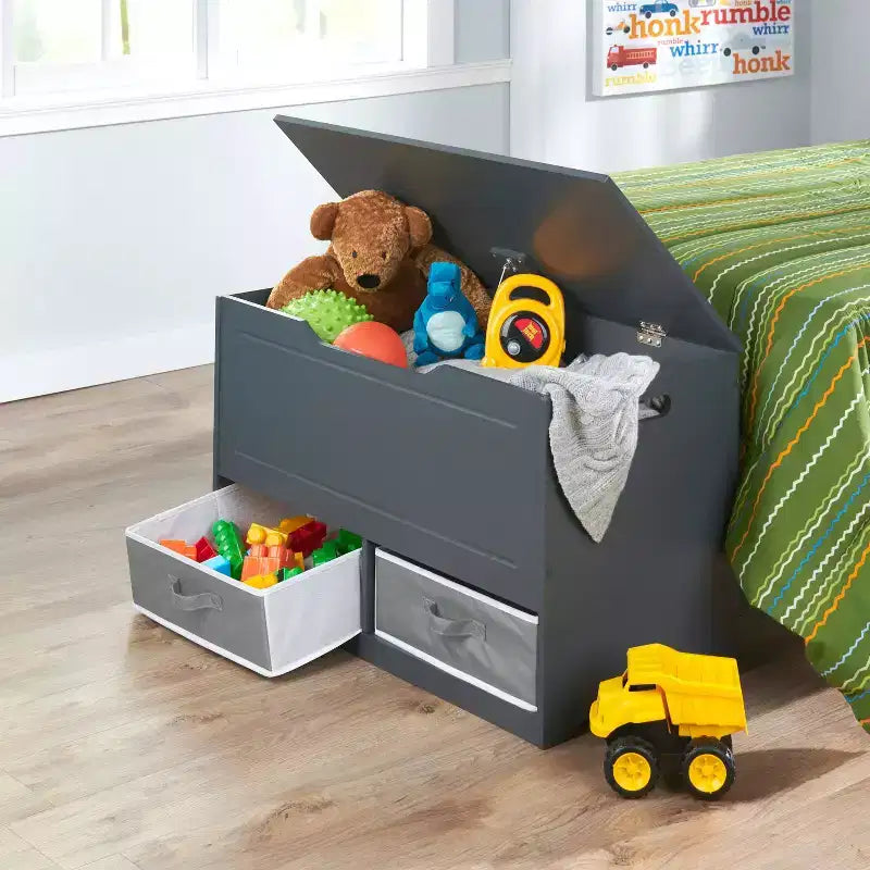Badger Basket Banc et boîte de rangement pour jouets « Up and Down » avec deux paniers, anthracite