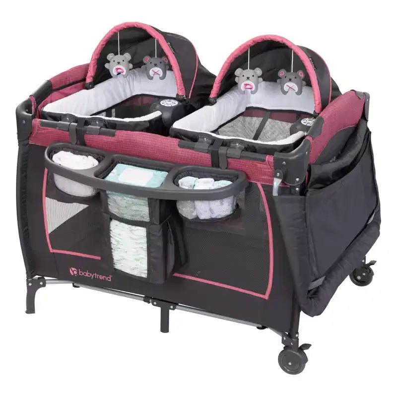 Baby Trend Lil Snooze Deluxe III Nursery Center Playard For Twins - Cozy Berry: Foam Mattress, Metal Frame, 30 lbs Capacity