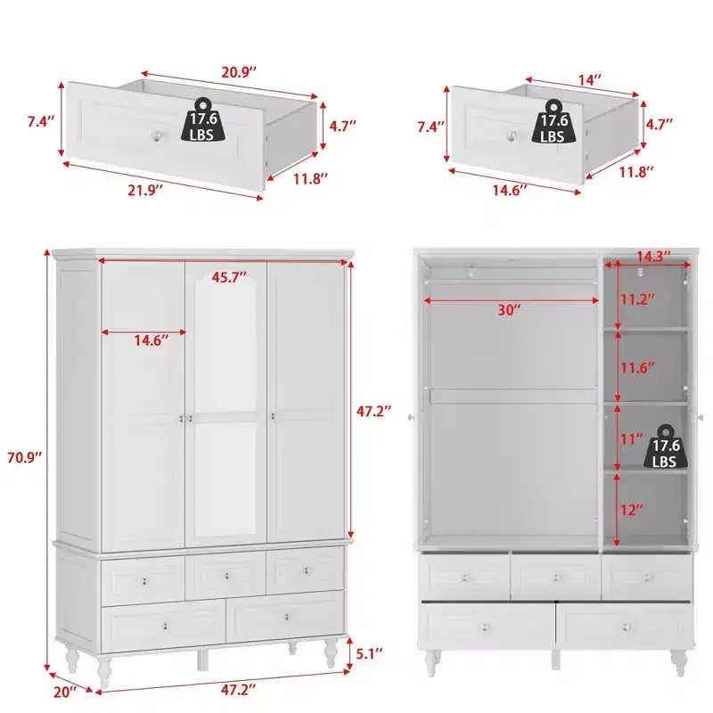Famapy Wardrobe with Mirror 3 Doors 5 Drawers Classic Style
