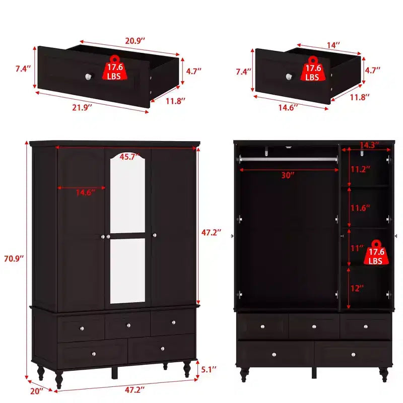 Famapy Wardrobe with Mirror 3 Doors 5 Drawers Classic Style