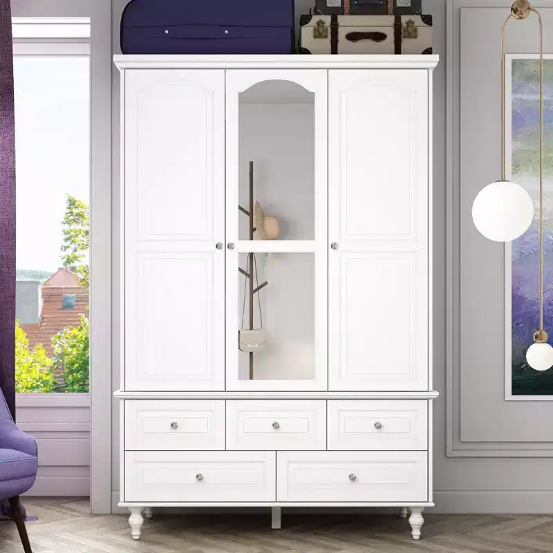Famapy Wardrobe with Mirror 3 Doors 5 Drawers Classic Style