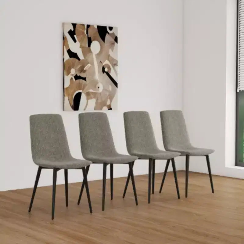 Set of 4 Linen Upholstered Dining Chairs with Black Metal Legs