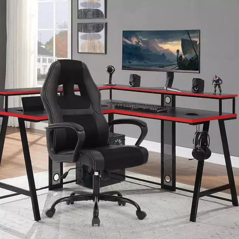 BestMassage Chaise de jeu Chaise de bureau avec soutien lombaire Hauteur réglable Cuir PU Chaise de direction pour femmes, hommes et adultes