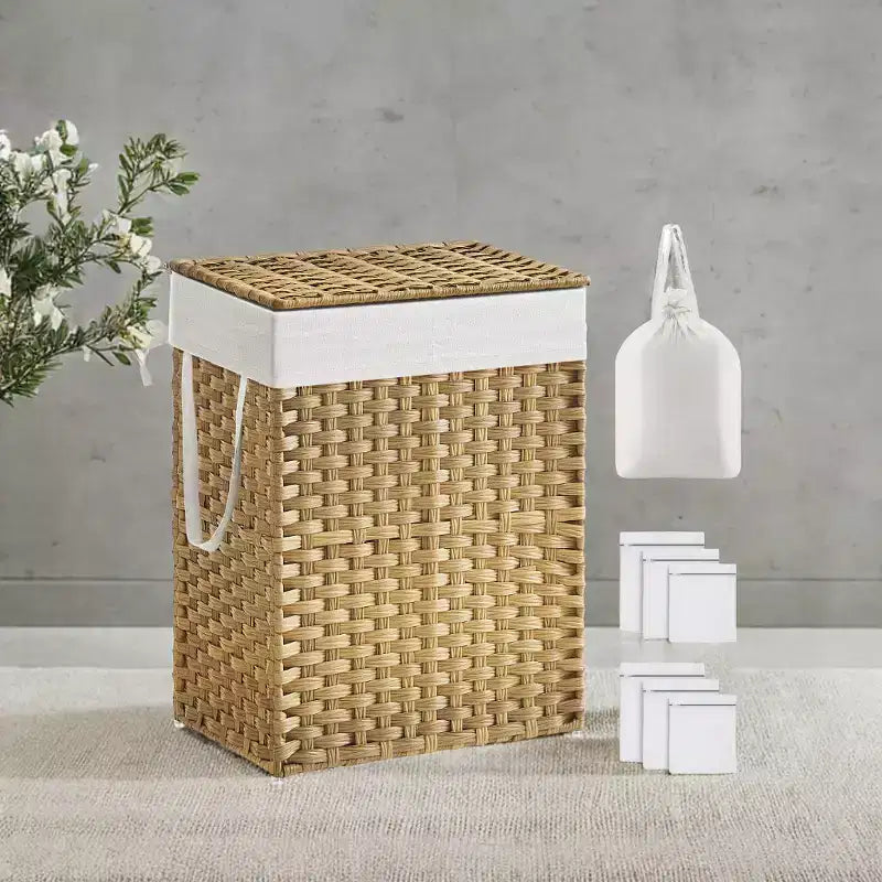 Panier à linge 90 L avec couvercle, double panier à linge en osier avec 2 sacs de doublure amovibles pour salle de bain