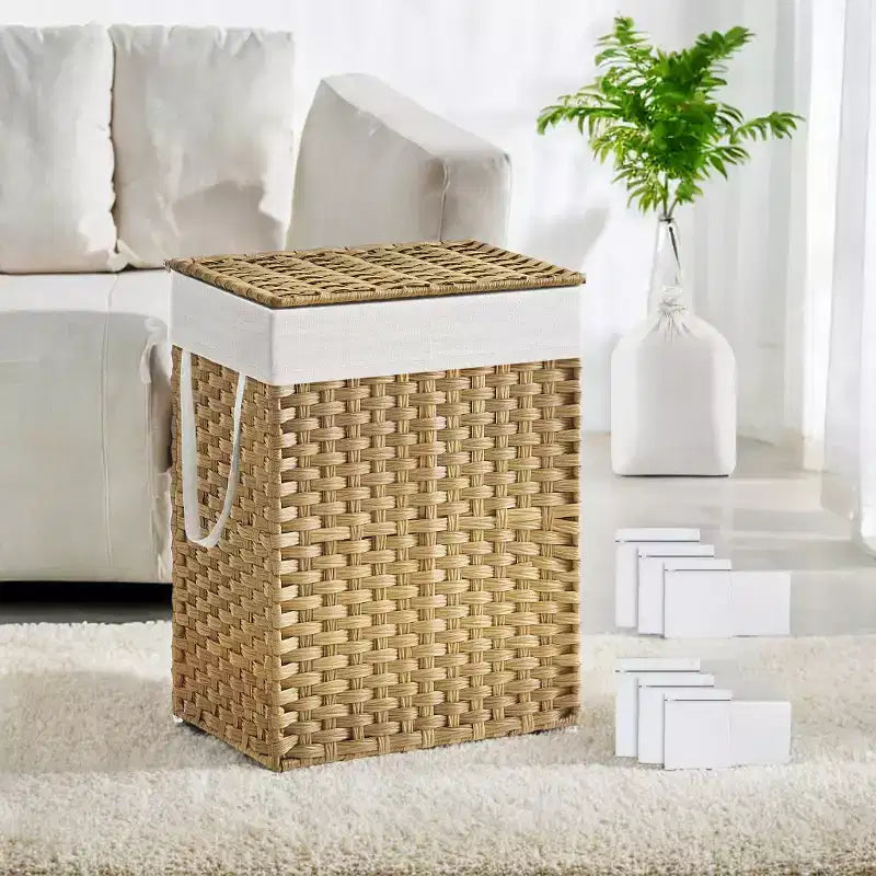 Panier à linge 90 L avec couvercle, double panier à linge en osier avec 2 sacs de doublure amovibles pour salle de bain