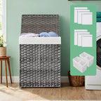 Panier à linge 90 L avec couvercle, double panier à linge en osier avec 2 sacs de doublure amovibles pour salle de bain