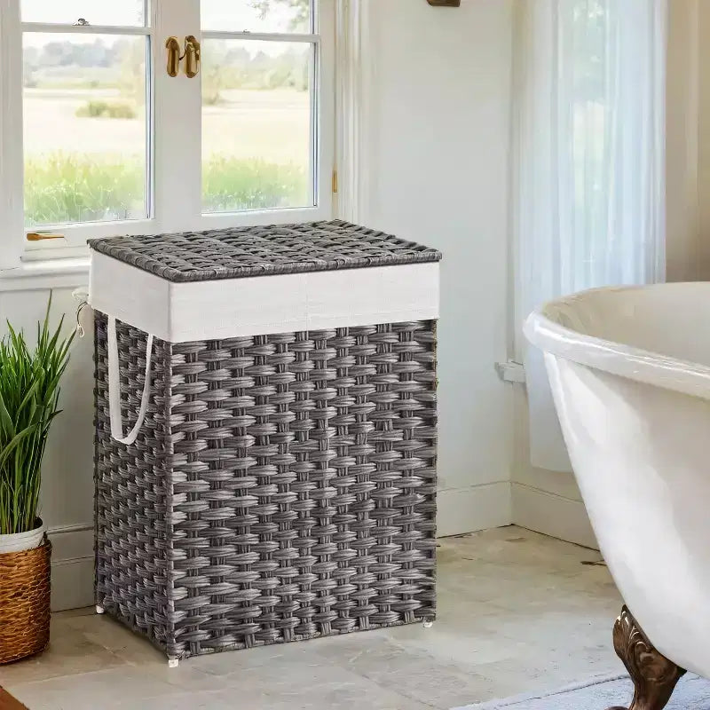Panier à linge 90 L avec couvercle, double panier à linge en osier avec 2 sacs de doublure amovibles pour salle de bain