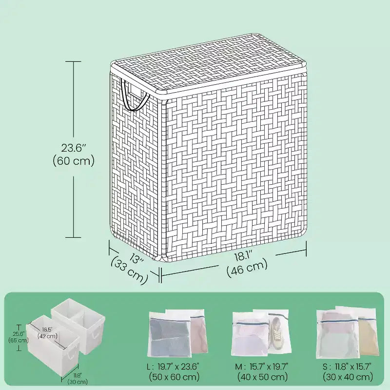 Panier à linge 90 L avec couvercle, double panier à linge en osier avec 2 sacs de doublure amovibles pour salle de bain
