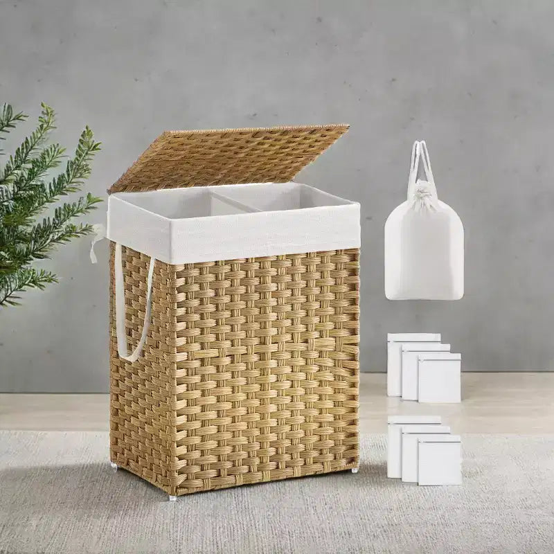 Panier à linge 90 L avec couvercle, double panier à linge en osier avec 2 sacs de doublure amovibles pour salle de bain