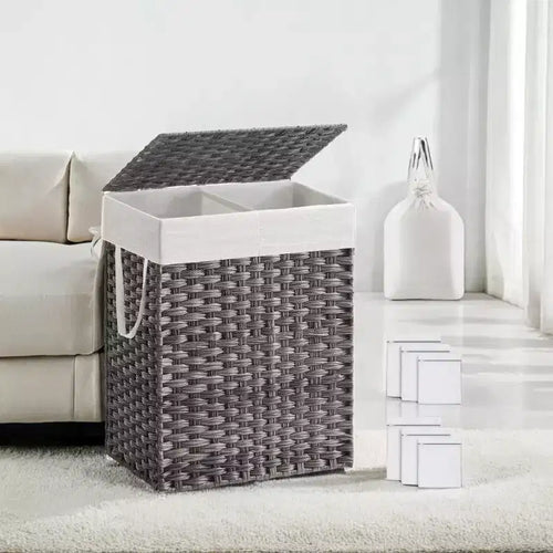 90L Laundry Hamper with Lid Laundry Clothes Hamper with 2 Removable Liner Bags Wicker Double Laundry Basket for Bathroom
