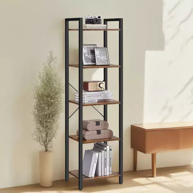 Étagère étroite à 5 niveaux, Bibliothèque mince avec cadre en acier pour salon, bureau à domicile, salle d'étude - Style industriel, 30 x 39,6 x 154 cm