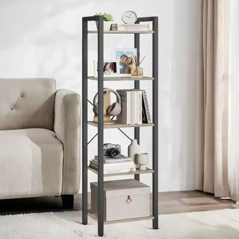 Étagère étroite à 5 niveaux, Bibliothèque mince avec cadre en acier pour salon, bureau à domicile, salle d'étude - Style industriel, 30 x 39,6 x 154 cm