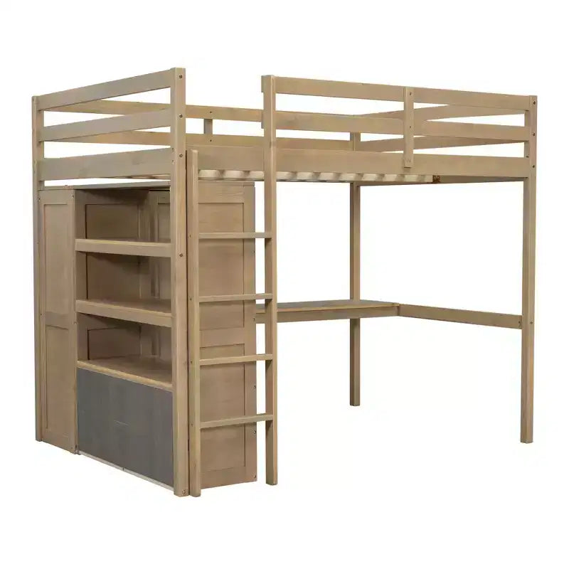 Lit mezzanine pleine grandeur Whisen 79,5''L x 56,9''l en bois avec armoire, bureau, étagères de rangement et tiroirs intégrés