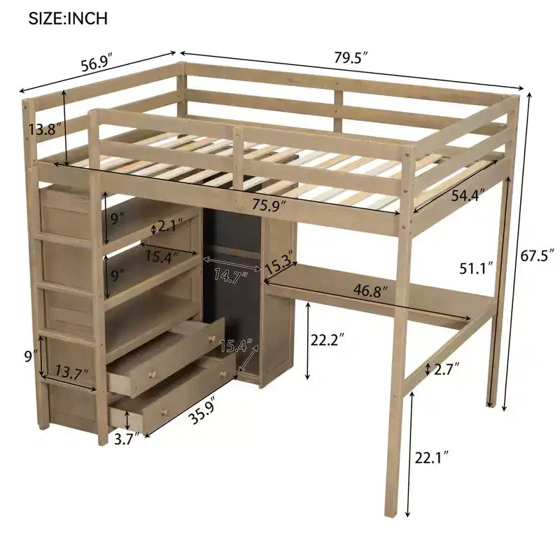 Lit mezzanine pleine grandeur Whisen 79,5''L x 56,9''l en bois avec armoire, bureau, étagères de rangement et tiroirs intégrés