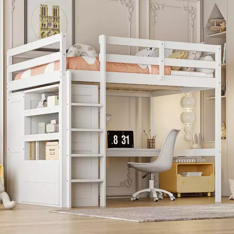 Lit mezzanine pleine grandeur Whisen 79,5''L x 56,9''l en bois avec armoire, bureau, étagères de rangement et tiroirs intégrés