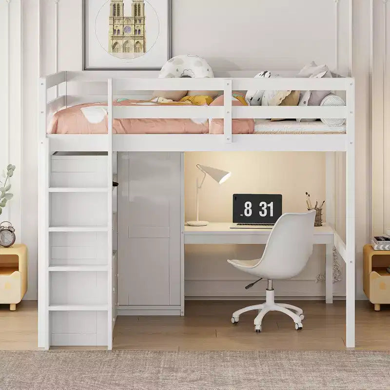 Lit mezzanine pleine grandeur Whisen 79,5''L x 56,9''l en bois avec armoire, bureau, étagères de rangement et tiroirs intégrés