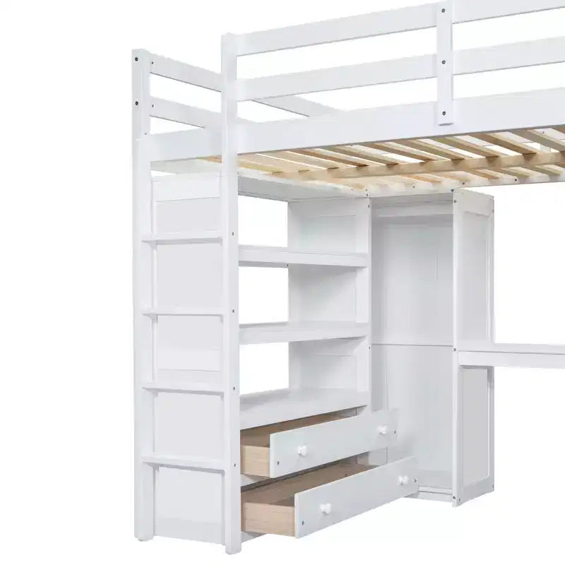 Lit mezzanine pleine grandeur Whisen 79,5''L x 56,9''l en bois avec armoire, bureau, étagères de rangement et tiroirs intégrés