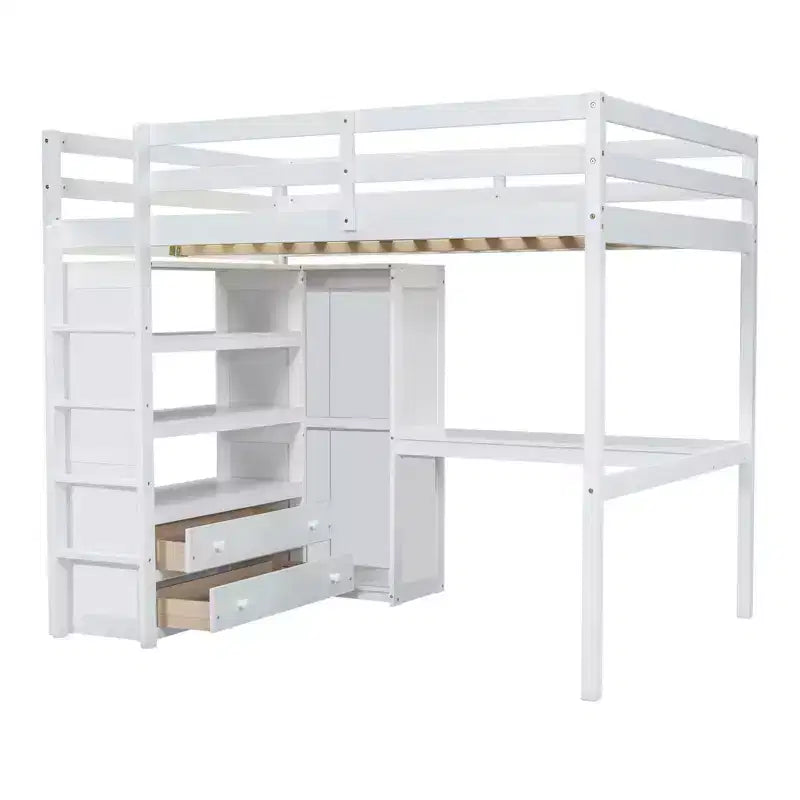 Lit mezzanine pleine grandeur Whisen 79,5''L x 56,9''l en bois avec armoire, bureau, étagères de rangement et tiroirs intégrés