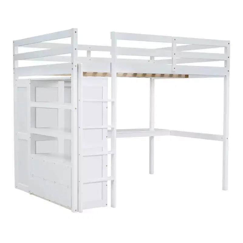 Lit mezzanine pleine grandeur Whisen 79,5''L x 56,9''l en bois avec armoire, bureau, étagères de rangement et tiroirs intégrés