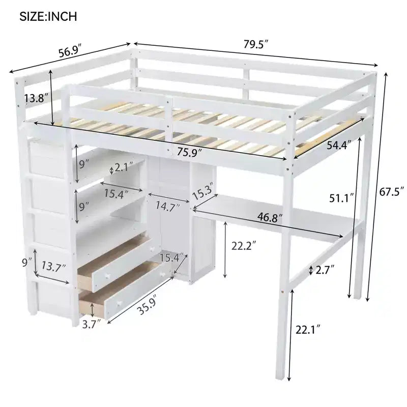 Lit mezzanine pleine grandeur Whisen 79,5''L x 56,9''l en bois avec armoire, bureau, étagères de rangement et tiroirs intégrés