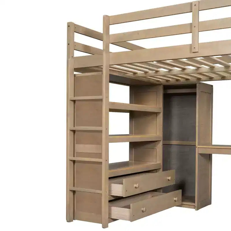 Lit mezzanine pleine grandeur Whisen 79,5''L x 56,9''l en bois avec armoire, bureau, étagères de rangement et tiroirs intégrés
