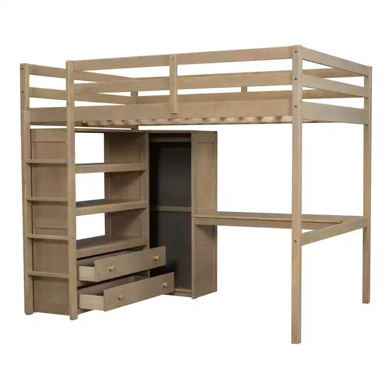 Lit mezzanine pleine grandeur Whisen 79,5''L x 56,9''l en bois avec armoire, bureau, étagères de rangement et tiroirs intégrés