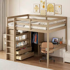 Whisen 79.5''L x 56.9''W Wood Full Size Loft Bed with Built-in Wardrobe, Desk, Storage Shelves and Drawers