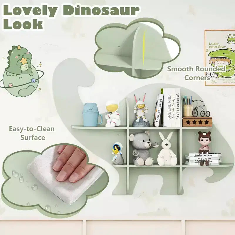 Costway 2-Tier Floating Dinosaur Kids Bookshelf Wall-Mounted Nursery Book Shelf