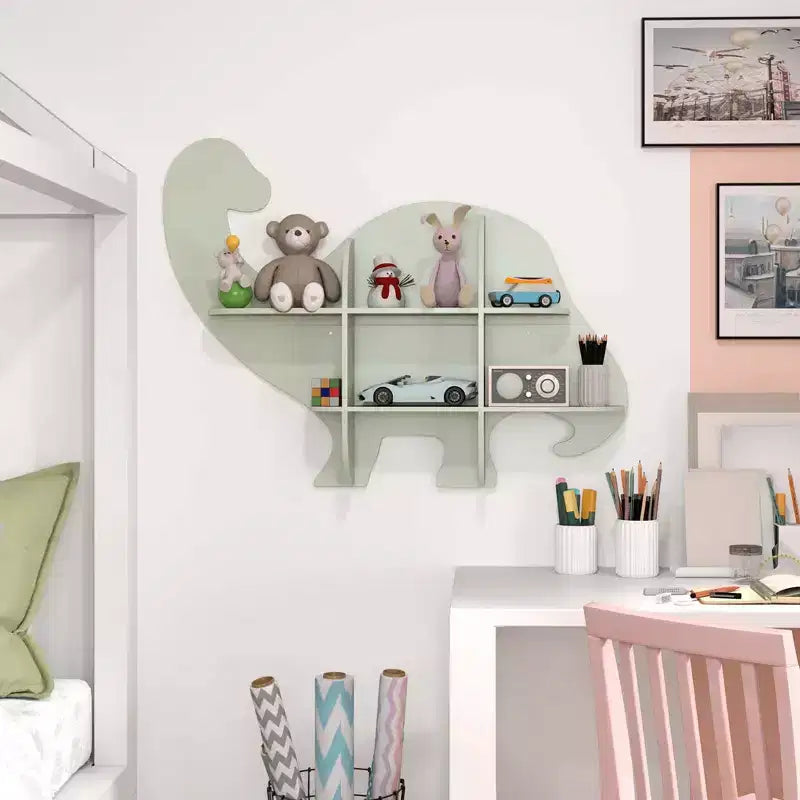 Costway 2-Tier Floating Dinosaur Kids Bookshelf Wall-Mounted Nursery Book Shelf