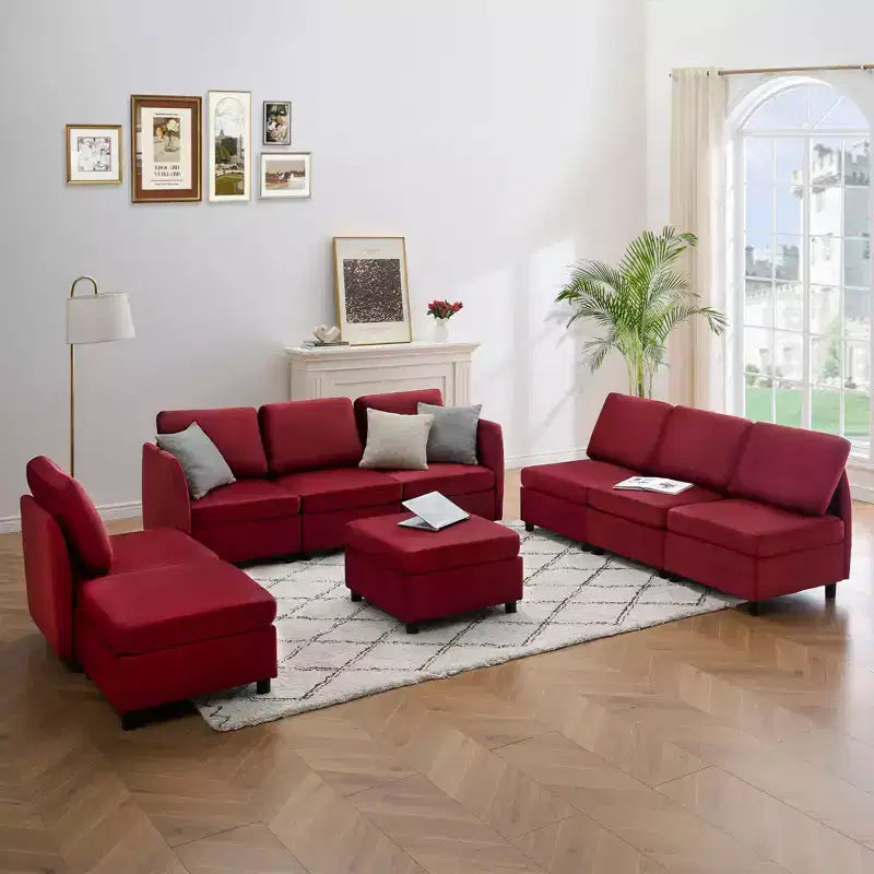 Canapé d'angle modulable réversible Whizmax 9 places en velours avec poufs, rangement et méridienne - Rouge lie-de-vin