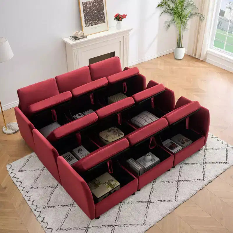 Canapé d'angle modulable réversible Whizmax 9 places en velours avec poufs, rangement et méridienne - Rouge lie-de-vin