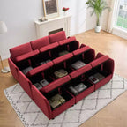 Canapé d'angle modulable réversible Whizmax 9 places en velours avec poufs, rangement et méridienne - Rouge lie-de-vin