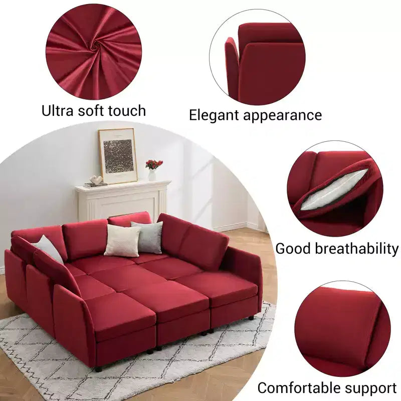 Canapé d'angle modulable réversible Whizmax 9 places en velours avec poufs, rangement et méridienne - Rouge lie-de-vin