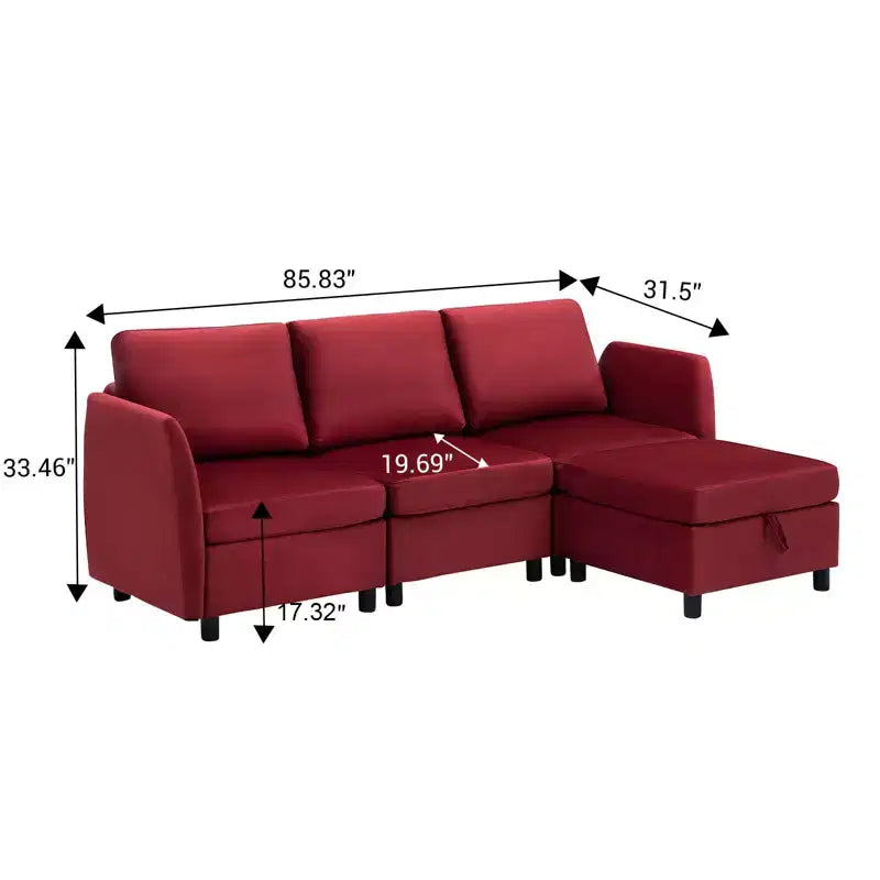 Canapé d'angle modulable réversible Whizmax 9 places en velours avec poufs, rangement et méridienne - Rouge lie-de-vin