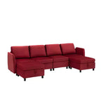 Canapé d'angle modulable réversible Whizmax 9 places en velours avec poufs, rangement et méridienne - Rouge lie-de-vin
