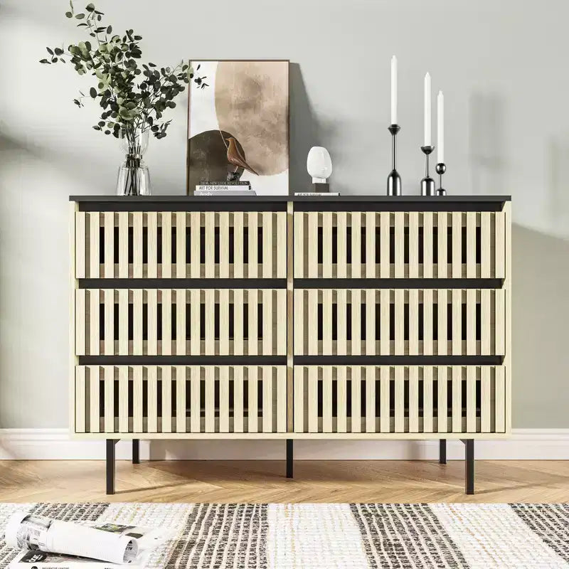 Commode à 6 tiroirs, Armoire de rangement sans poignée pour chambre à coucher, Naturel -ModernLuxe