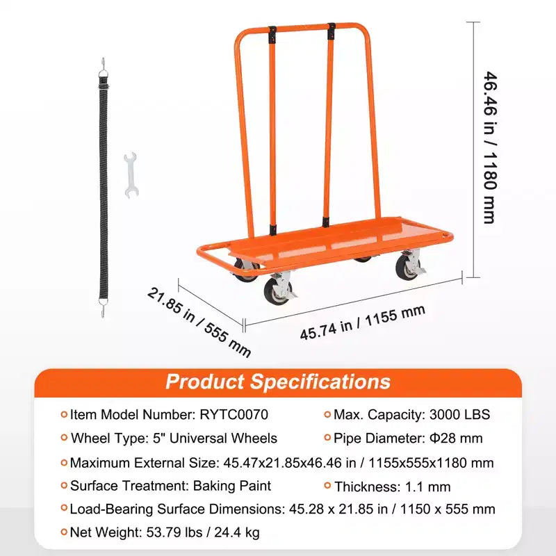 Chariot à panneaux de cloison sèche VEVOR, capacité de 1360 kg, plateforme de 115 x 55 cm et 5 roulettes pivotantes, pour panneaux muraux, plaques de plâtre, bois