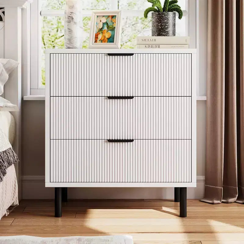 Wave Fluted 3 Drawers Dresser, 30'' Tall Wood Nightstand, Modern Chest of Drawers, Wide Side Table with Black Metal Legs for Bedroom Hallway, White