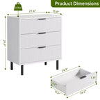 Commode 3 tiroirs ondulés et cannelés, table de chevet en bois de 76 cm de hauteur, commode moderne, table d'appoint large avec pieds en métal noir pour chambre à coucher ou couloir, blanc