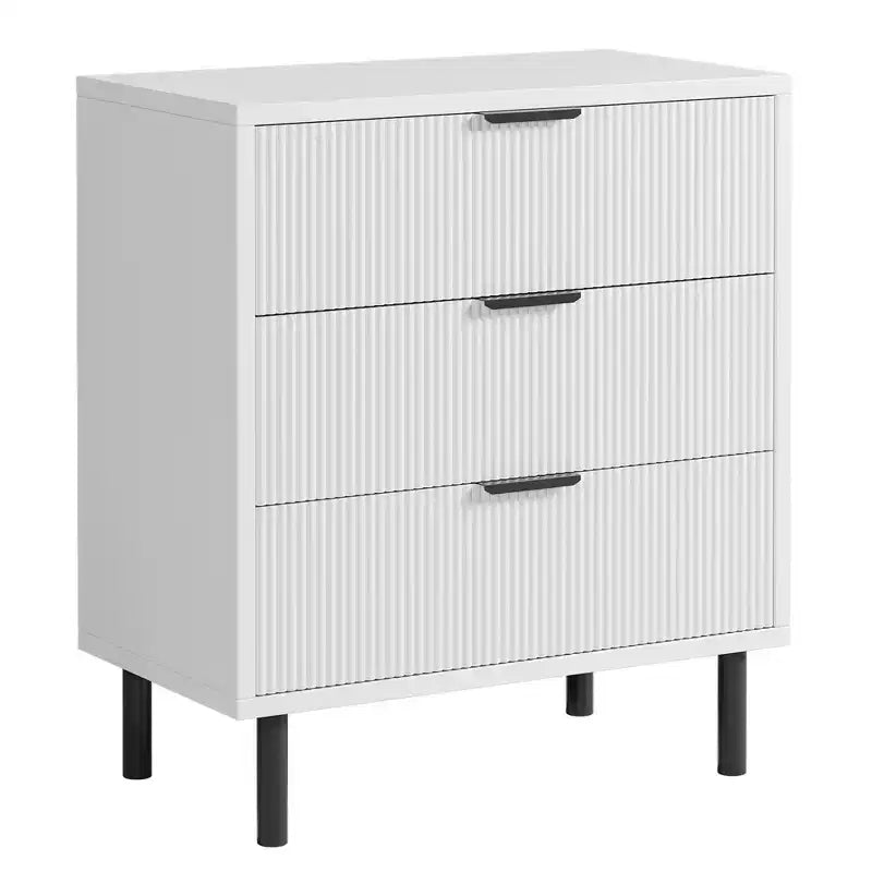 Commode 3 tiroirs ondulés et cannelés, table de chevet en bois de 76 cm de hauteur, commode moderne, table d'appoint large avec pieds en métal noir pour chambre à coucher ou couloir, blanc