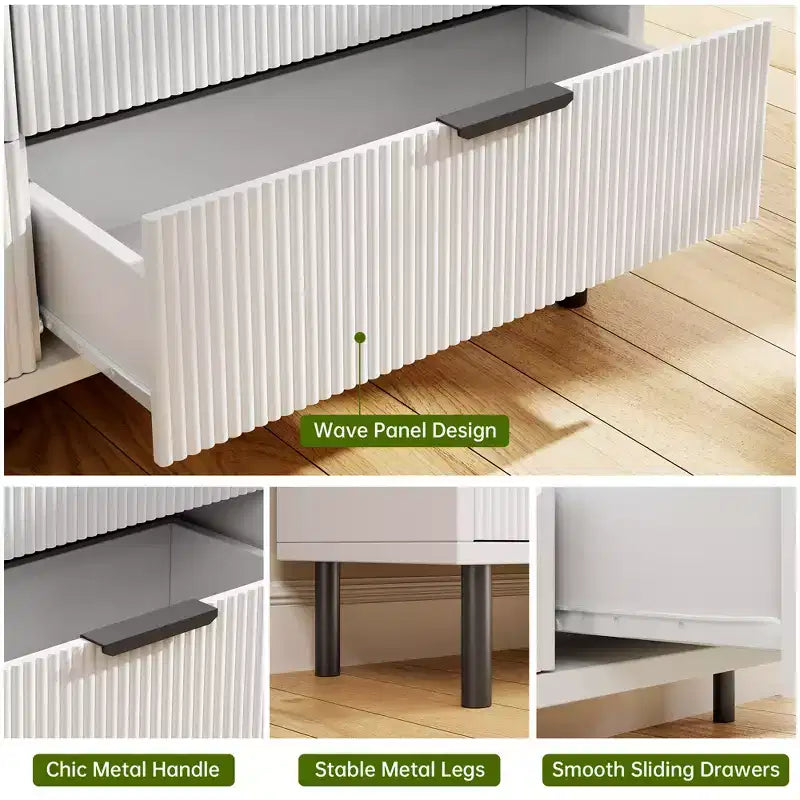 Commode 3 tiroirs ondulés et cannelés, table de chevet en bois de 76 cm de hauteur, commode moderne, table d'appoint large avec pieds en métal noir pour chambre à coucher ou couloir, blanc