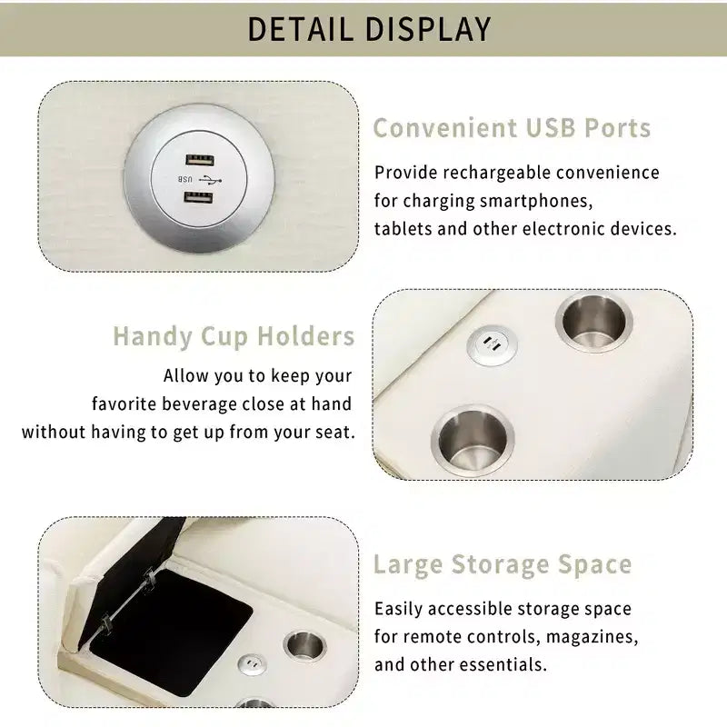 Canapé d'angle moderne Whisen 111 avec pouf, ports USB, porte-gobelets et grand coffre de rangement