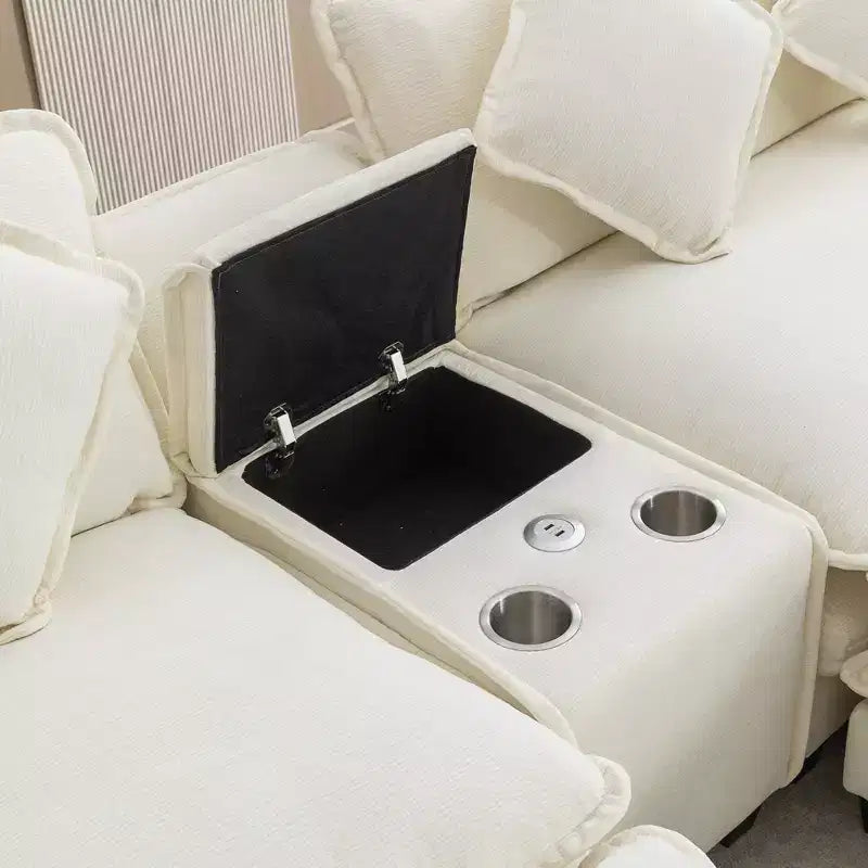 Canapé d'angle moderne Whisen 111 avec pouf, ports USB, porte-gobelets et grand coffre de rangement