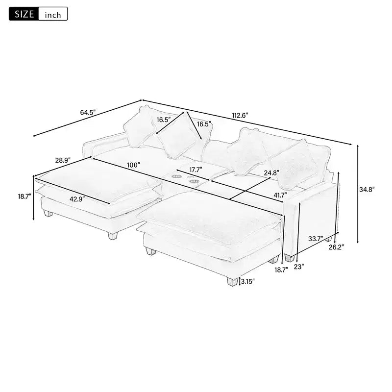 Canapé d'angle moderne Whisen 111 avec pouf, ports USB, porte-gobelets et grand coffre de rangement
