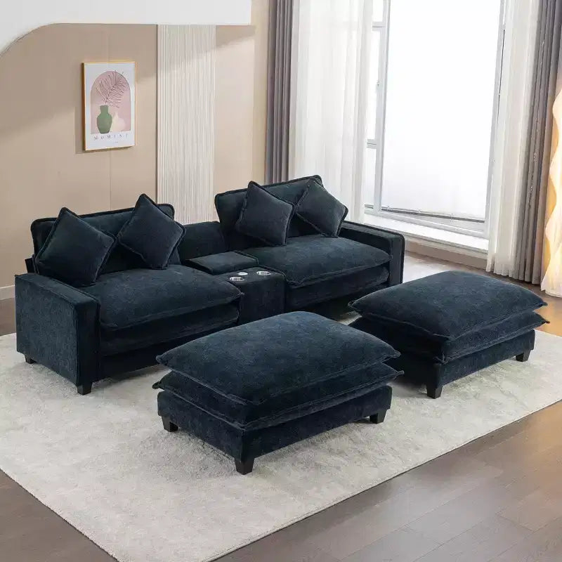 Canapé d'angle moderne Whisen 111 avec pouf, ports USB, porte-gobelets et grand coffre de rangement