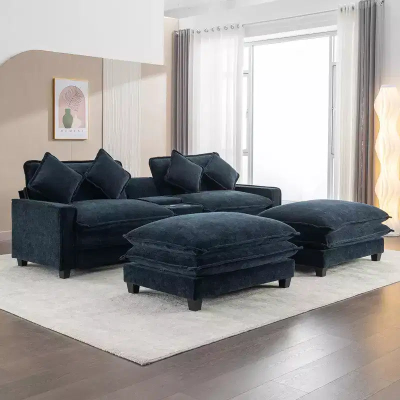 Canapé d'angle moderne Whisen 111 avec pouf, ports USB, porte-gobelets et grand coffre de rangement