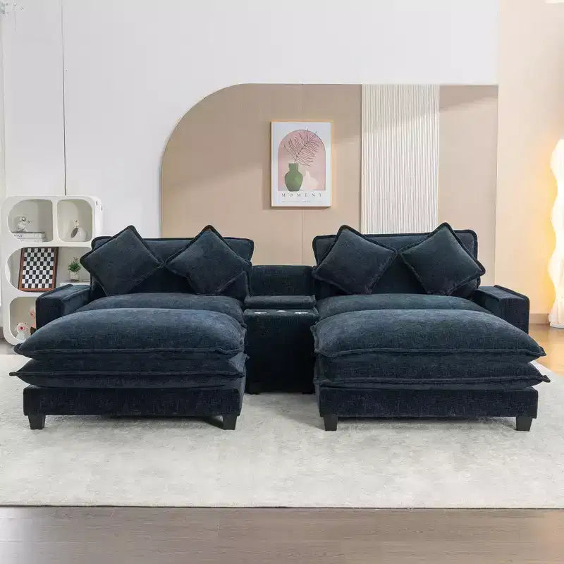 Canapé d'angle moderne Whisen 111 avec pouf, ports USB, porte-gobelets et grand coffre de rangement