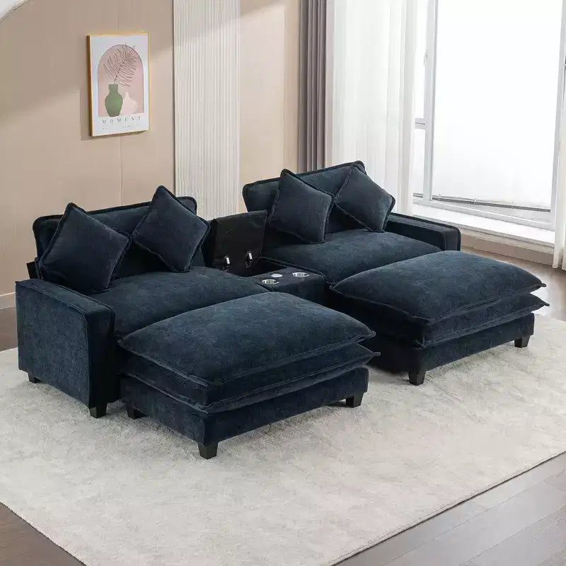 Canapé d'angle moderne Whisen 111 avec pouf, ports USB, porte-gobelets et grand coffre de rangement