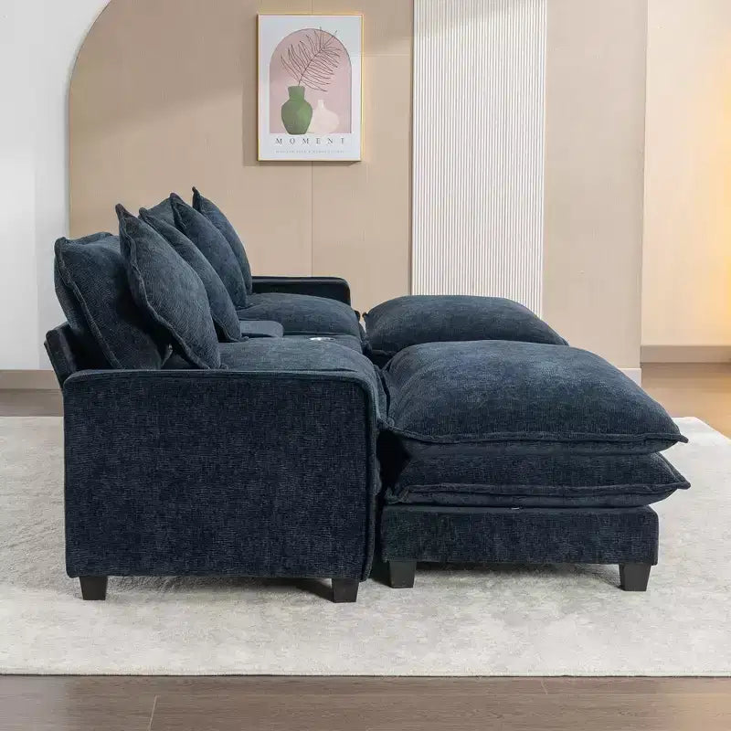 Canapé d'angle moderne Whisen 111 avec pouf, ports USB, porte-gobelets et grand coffre de rangement