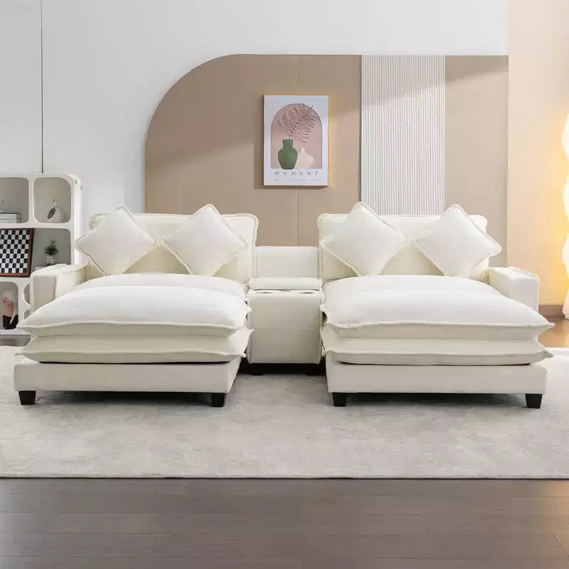 Canapé d'angle moderne Whisen 111 avec pouf, ports USB, porte-gobelets et grand coffre de rangement